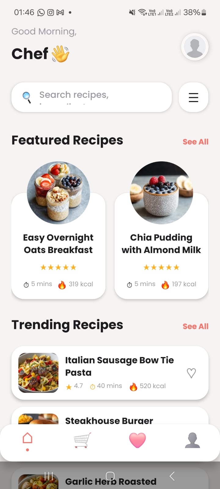 ZestPlate app home screen recipe category filter interface